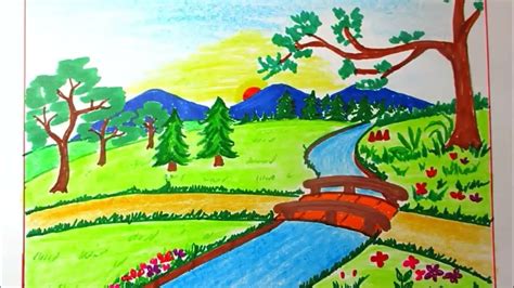 Drawing Landscape of Mountain and River for Kids | Scenery Drawing ...