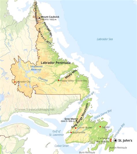 Physical map of Newfoundland and Labrador