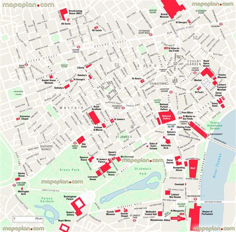 London map - West End layout free travel map with main points of interest