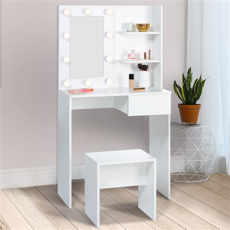 Coiffeuse moderne avec étagères, miroir LED et tabouret - ZELIA | ID Market