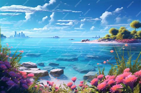 Premium Photo | Anime scenery of a beautiful beach with flowers and a ...