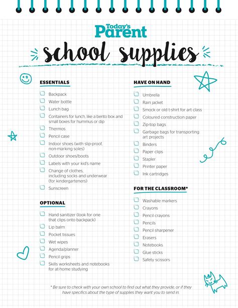 Printable school supplies checklist