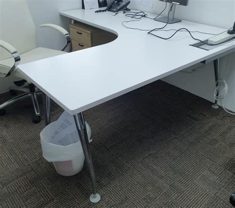 Workdesk L-shaped in white with chrome legs, Furniture & Home Living ...