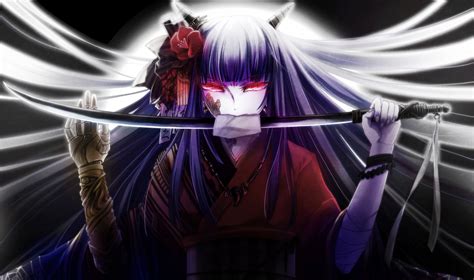 Purple haired demon girl with sword anime character HD wallpaper ...