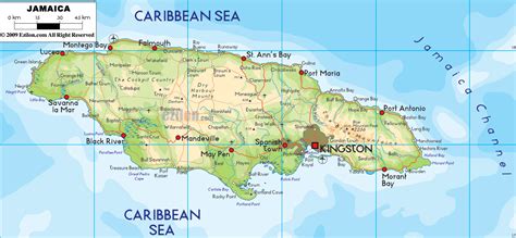 Large detailed physical and road map of Jamaica with cities. Jamaica ...