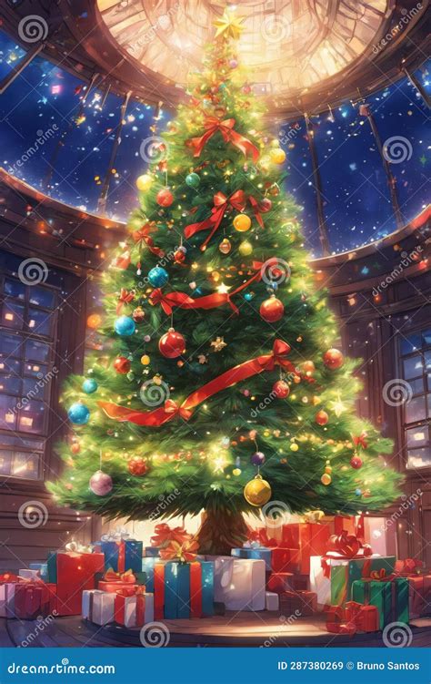 Anime Style: Christmas Tree Decorated with Blinkers with Gift Boxes ...