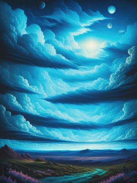 Premium AI Image | A painting of a blue sky with clouds and the moon.