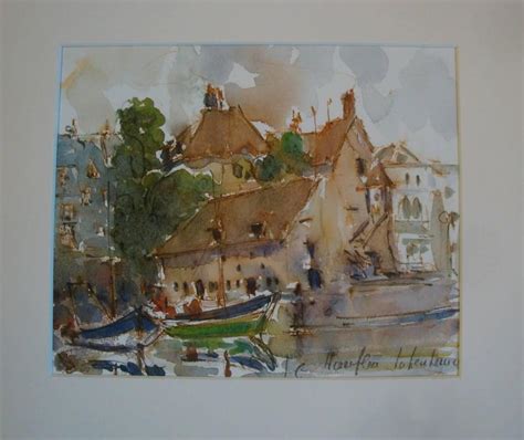 Medieval European Fishing Village Watercolor, Framed at 1stDibs