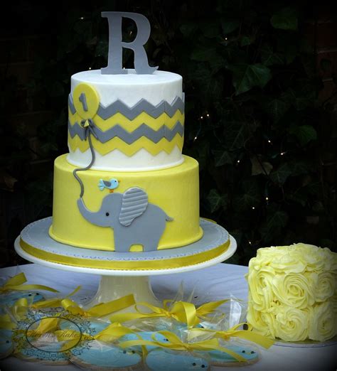 Yellow And Grey Chevron Baby Elephant 1St Birthday Cake With Yellow ...