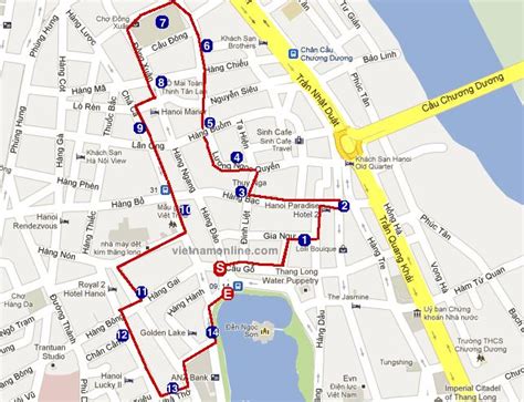 Hanoi walking tour map - Hanoi places of interest map (Vietnam)