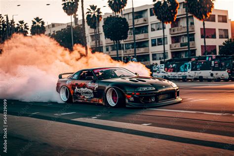 Tuned Toyota Supra drifting through Los Angeles. Generative AI. Stock ...