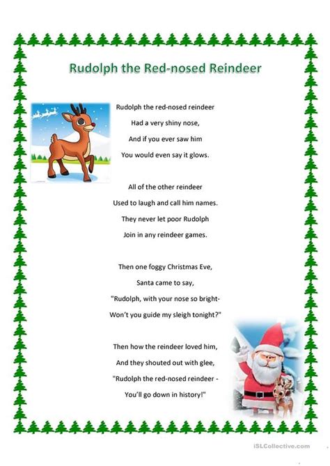 Rudolph the Red-nosed Reindeer song and WS - English ESL Worksheets for ...