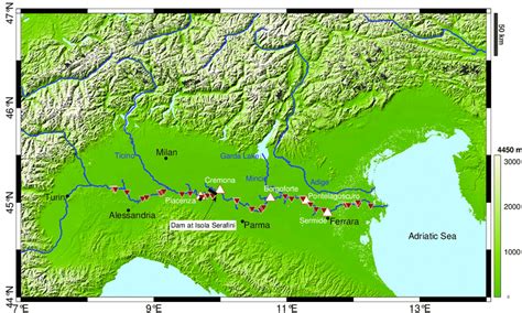 The Po River flowing eastward in Italy. The red triangles indicate the ...