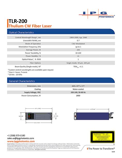 IPG Photonics Fiber Laser wavelength 1940 nm, 200W