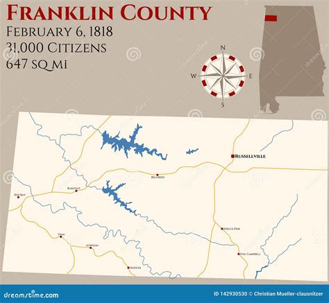 Map of Franklin County in Alabama Stock Vector - Illustration of lakes ...