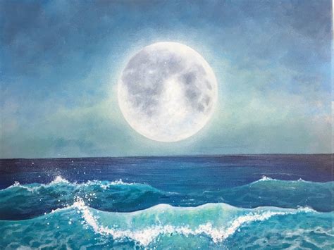 Full Moon Over Ocean Acrylic Painting, 11x14 - Etsy