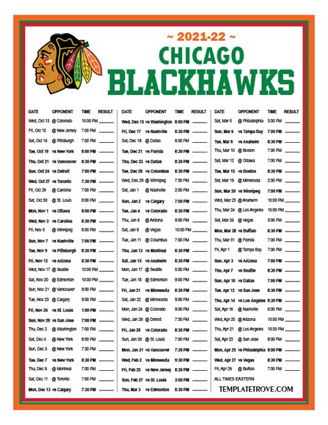 Printable 2021-2022 Chicago Blackhawks Schedule