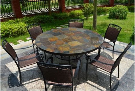 OCEANE 63" MOSAIC SLATE STONE GARDEN PATIO TABLE - Craftsman - Exterior ...