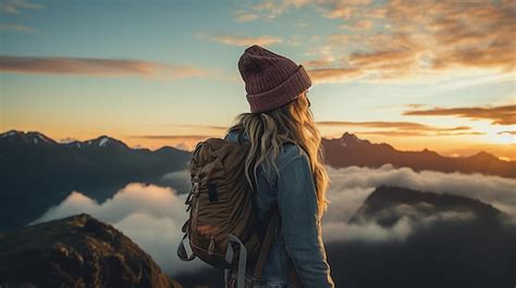 Premium Photo | A woman on top of a mountain peak with view of clouds ...