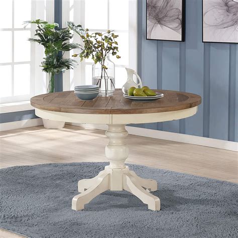 round farmhouse dining table plank pine top antique white pedestal base ...