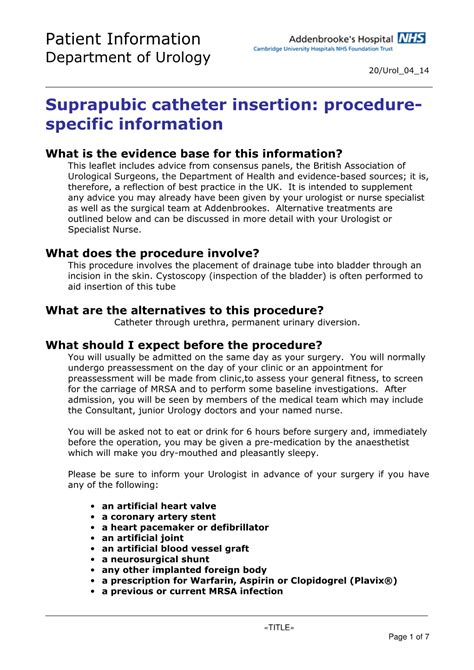 Patient Information Suprapubic Catheter Insertion: Procedure - DocsLib