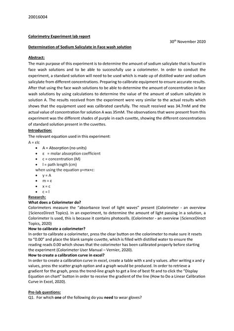 Colorimetry Experiment lab report - In order to conduct the experiment ...