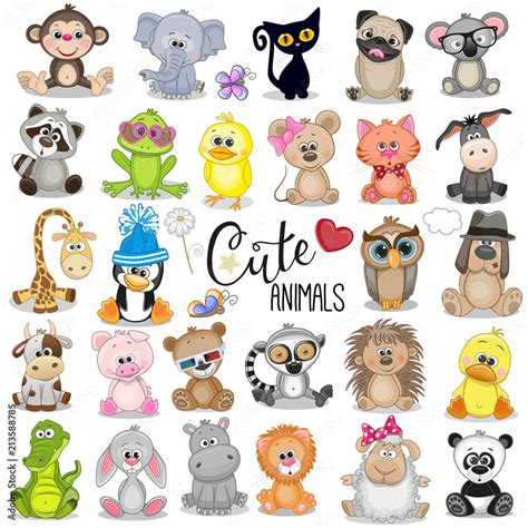 Set of Cute Cartoon Animals Stock Vector | Adobe Stock