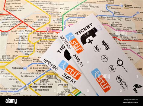 Single tickets on a plan of the Paris Metro, Paris, France, Europe ...