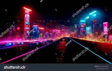 Futuristic Cyberpunk City Full Neon Lights Stock Illustration ...