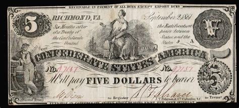 Five Dollar Note Confederate States of America ~ Richmond Sept. 2 1861 ...