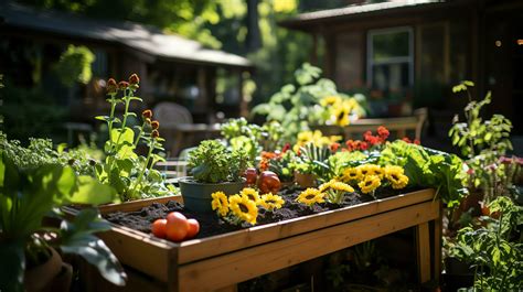 Wooden house in village with plants and flowers in backyard garden ...