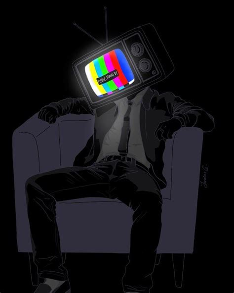 a man sitting in a chair with a tv on his head and the television is lit up