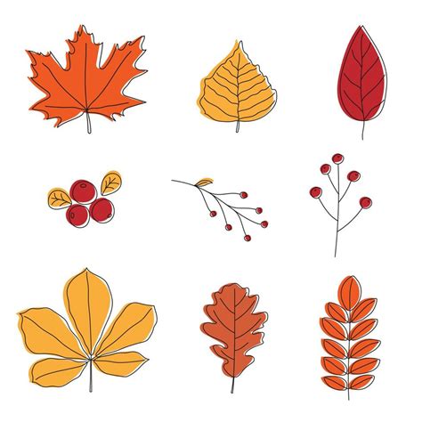 Set of colorful autumn leaves. Line art design. Doodle style. Isolated ...