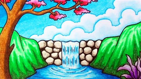 Waterfall Beautiful Easy Scenery Drawing - How to draw easy waterfall ...