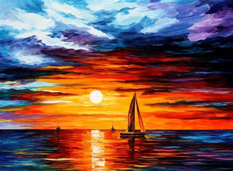 Orange Sunset Painting Horizon Wall Art On Canvas By Leonid