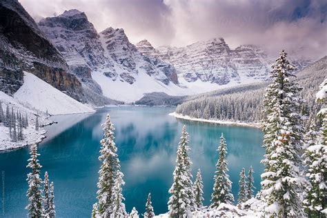 "Wenkchemna Peaks Or Ten Peaks Rising Over Moraine Lake In The Snow ...