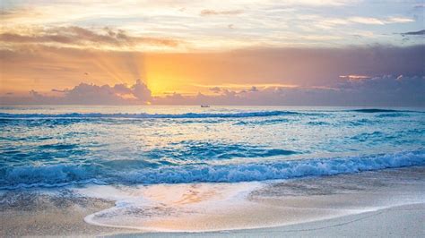 Beautiful Ocean Waves Beach Sand During Sunset Under White Yellow ...