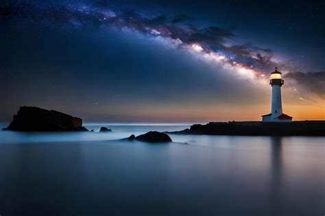 Premium Photo | A lighthouse in the ocean with a cloud that is lit up ...