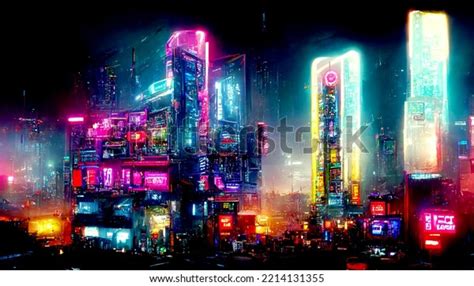 Futuristic Cyberpunk City Full Neon Lights Stock Illustration ...