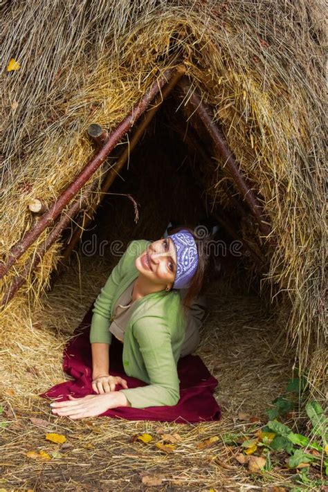 Thatched Hut in the Autumn Forest. Cabin in the Countryside Stock Image ...