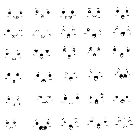 set of hand drawn vector doodle Kawaii cute faces emoticons icon sketch ...