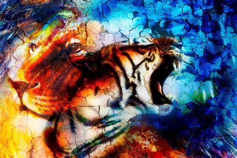 Portrait lion and tiger face Print of Colorful Lion Painted | Etsy