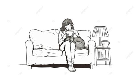 Hand Drawn The Owner Sits And Hugs The Cat In The Room Illustration In ...