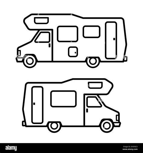 Vintage motorhome or camper van side view - retro vector icon set with ...