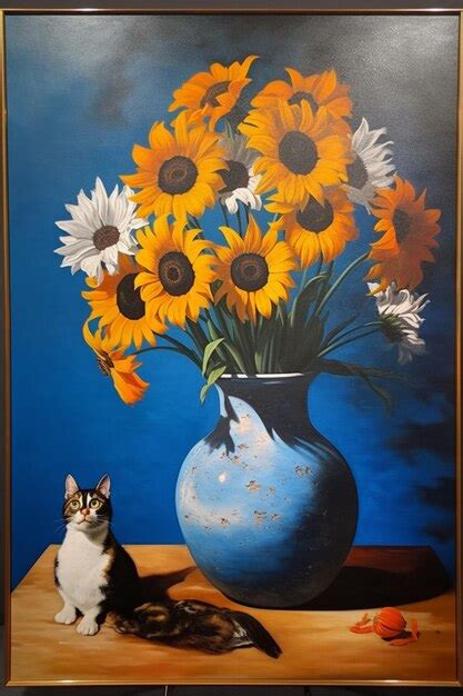 Premium AI Image | A painting of a cat sitting on a table next to a ...