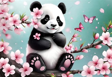 Cute Baby Panda On Cherry Blossom Background, Baby Panda, Cherry ...