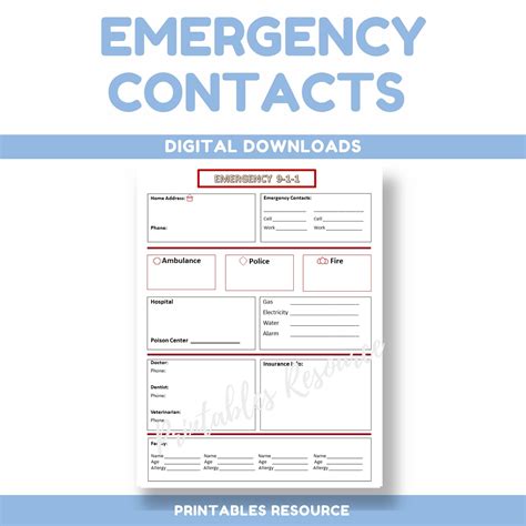 Emergency Contact Printable Contact List Information Sheet Contact ...