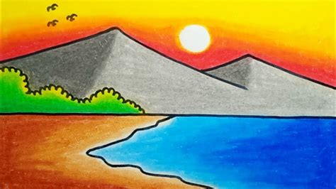 How To Draw Scenery Nature Mountain Sunset And Beach Beautiful And Easy ...