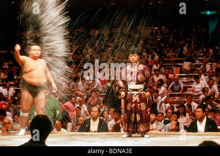 Pre fight sumo wrestling ceremony of competitors parading around ring ...