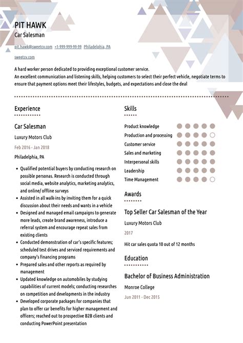 Car Salesman Resume Example & Auto Sales Agent CV Template